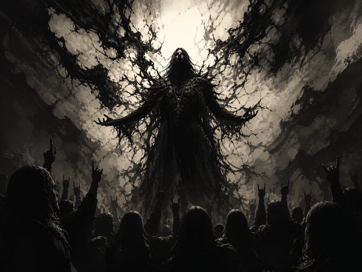 Schwarzweiße Black-Metal-Szene mit einer schattenhaften Gestalt über einer Menge, aus deren Körper dunkle Rauch- und Astformen in gleißendes Licht ausbrechen.