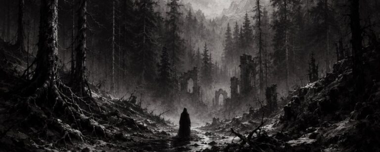 Schwarzweiße Black-Metal-Fantasylandschaft mit dunklem Wald, Nebel, Ruinen und einer einsamen Gestalt unter einem sternenkalten Himmel.
