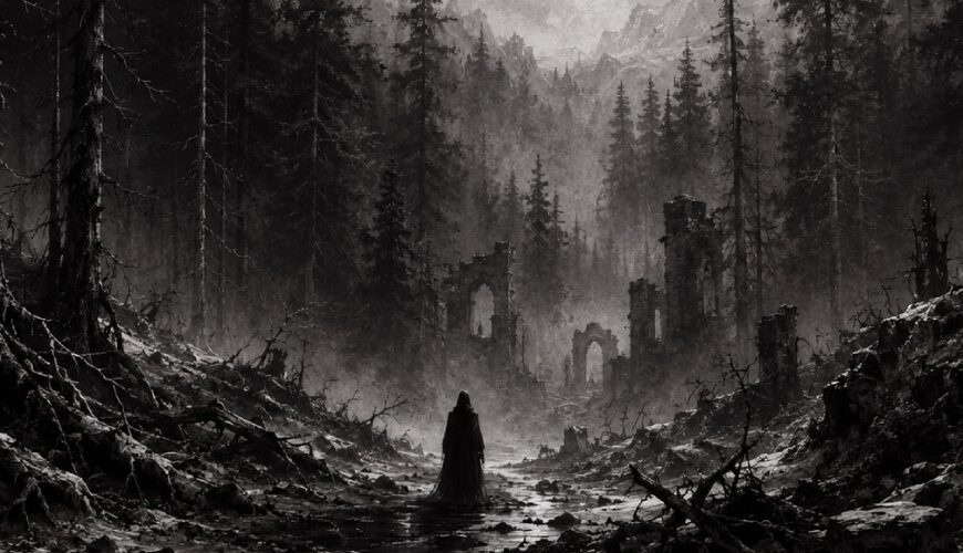 Schwarzweiße Black-Metal-Fantasylandschaft mit dunklem Wald, Nebel, Ruinen und einer einsamen Gestalt unter einem sternenkalten Himmel.