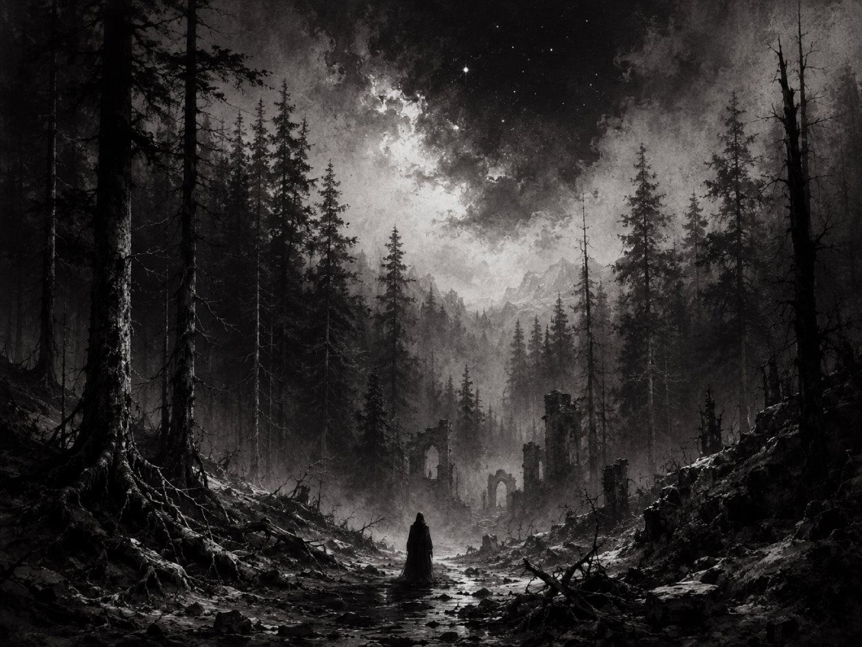 Schwarzweiße Black-Metal-Fantasylandschaft mit dunklem Wald, Nebel, Ruinen und einer einsamen Gestalt unter einem sternenkalten Himmel.