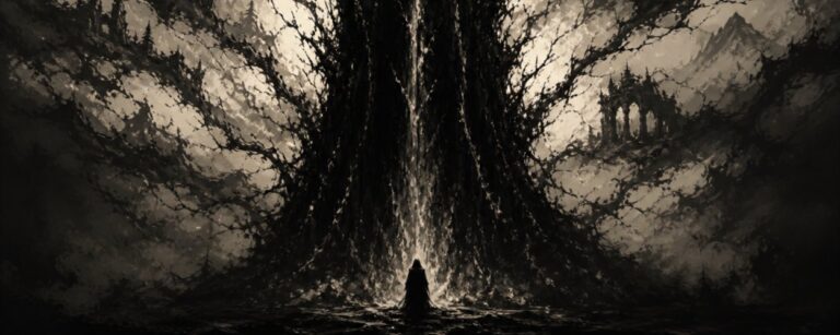 Dunkler Black-Metal-Monolith in einer schwarzweißen Fantasylandschaft, aus dessen Schatten Wälder, Ruinen und ferne Gebirge wie Klangwelten hervortreten.