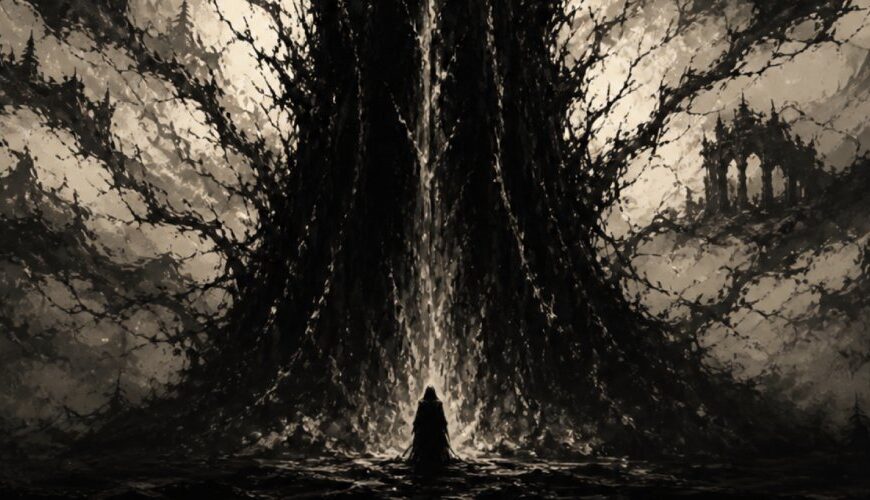 Dunkler Black-Metal-Monolith in einer schwarzweißen Fantasylandschaft, aus dessen Schatten Wälder, Ruinen und ferne Gebirge wie Klangwelten hervortreten.