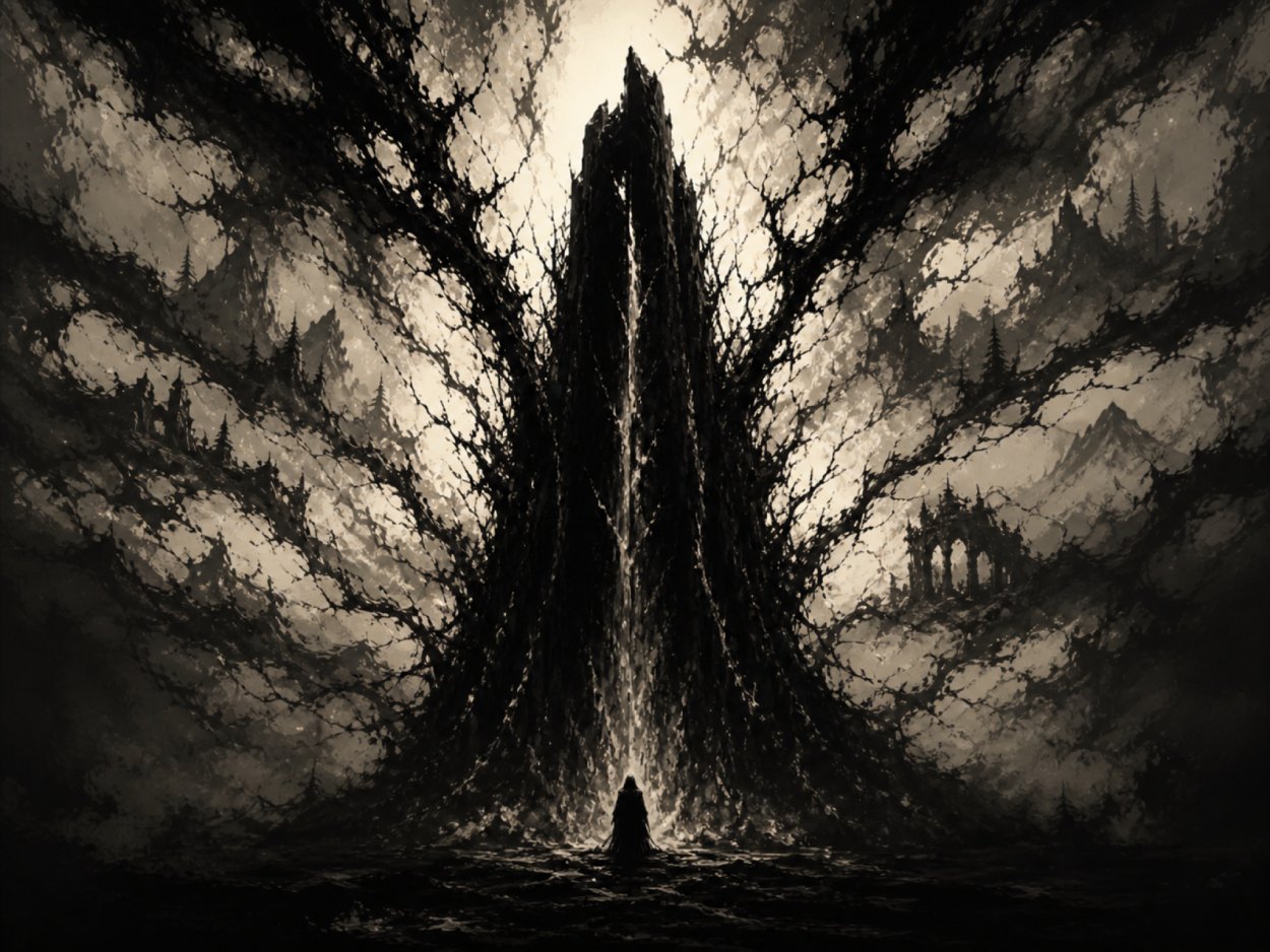 Dunkler Black-Metal-Monolith in einer schwarzweißen Fantasylandschaft, aus dessen Schatten Wälder, Ruinen und ferne Gebirge wie Klangwelten hervortreten.