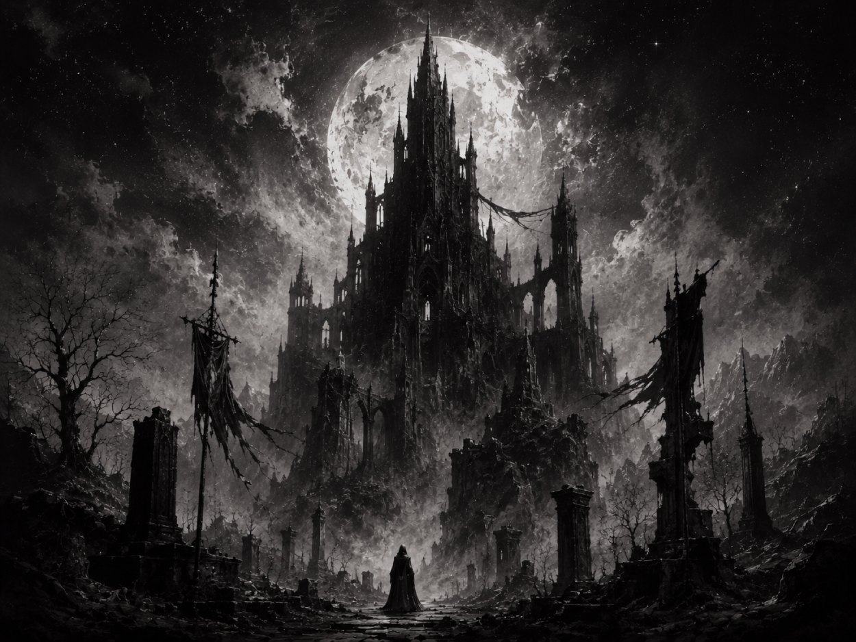 Schwarzweiße Black-Metal-Szene mit einer schattenhaften Gestalt über einer Menge, aus deren Körper dunkle Rauch- und Astformen in gleißendes Licht ausbrechen.