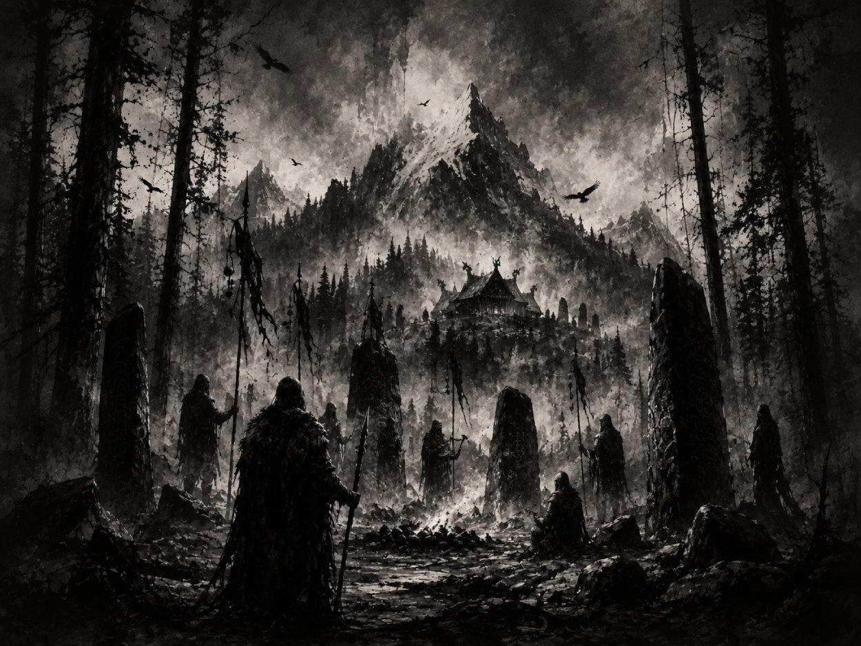 Dunkle schwarzweiße Ritualszene im Wald mit Runensteinen, Bergkulisse, Raben, Bannern und Gestalten in einem alten Kreis.