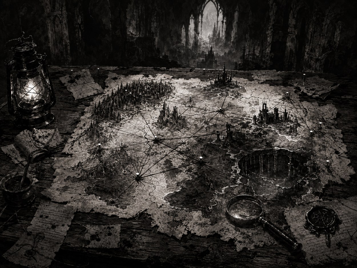 Dunkle schwarzweiße Karte auf einem alten Tisch mit Laterne, Lupe, Fäden, Markierungen und gezeichneten Black-Metal-Landschaften in einer ruinierten Halle.