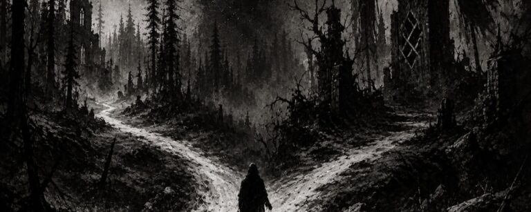 Schwarzweiße Black-Metal-Landschaft mit einer einsamen Gestalt an einer Weggabelung im nächtlichen Wald, links Mondlicht und Nebel, rechts düstere Ruinen und Schatten.