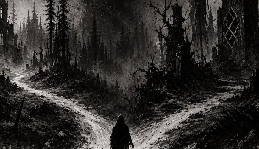 Schwarzweiße Black-Metal-Landschaft mit einer einsamen Gestalt an einer Weggabelung im nächtlichen Wald, links Mondlicht und Nebel, rechts düstere Ruinen und Schatten.