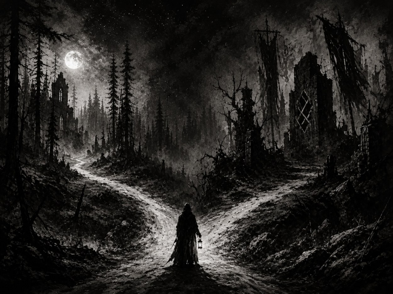 Schwarzweiße Black-Metal-Landschaft mit einer einsamen Gestalt an einer Weggabelung im nächtlichen Wald, links Mondlicht und Nebel, rechts düstere Ruinen und Schatten.