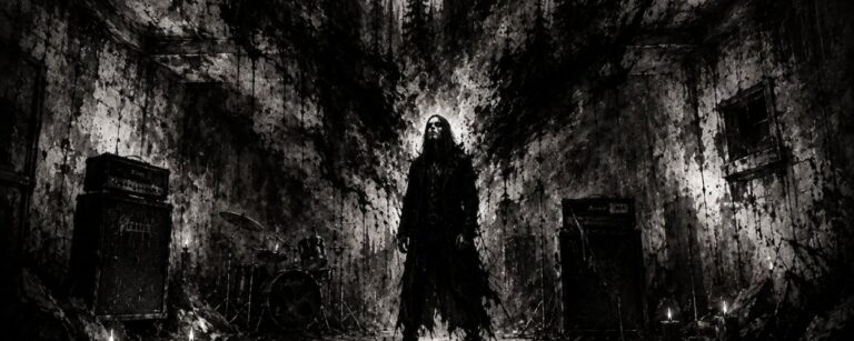 Schwarzweiße Black-Metal-Szene mit ruiniertem Proberaum, Verstärkern, Schlagzeug und einer einsamen Gestalt vor frostigen Waldschatten.