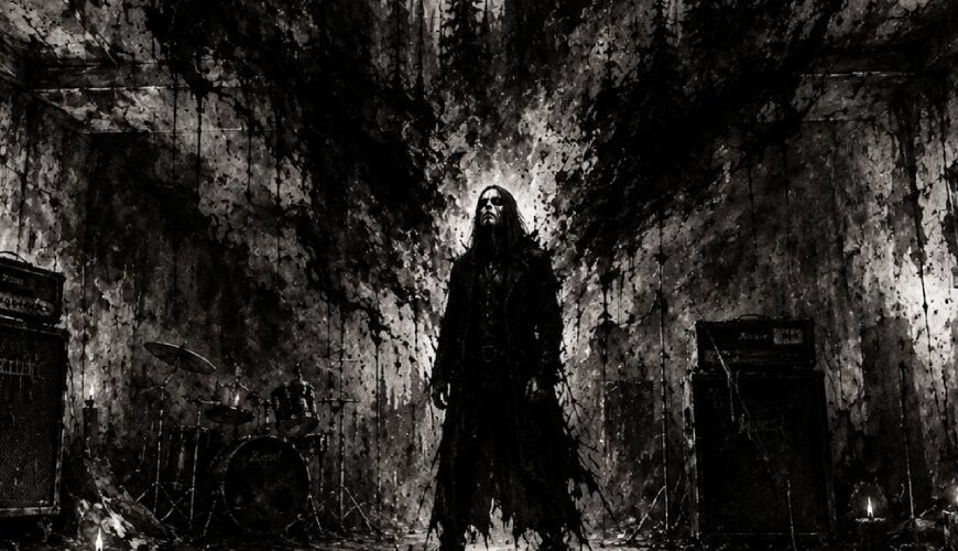 Schwarzweiße Black-Metal-Szene mit ruiniertem Proberaum, Verstärkern, Schlagzeug und einer einsamen Gestalt vor frostigen Waldschatten.
