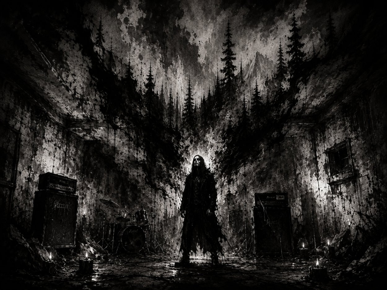 Schwarzweiße Black-Metal-Szene mit ruiniertem Proberaum, Verstärkern, Schlagzeug und einer einsamen Gestalt vor frostigen Waldschatten.