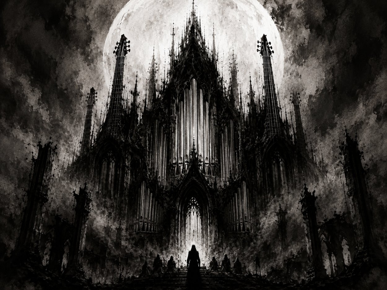 Monumentale schwarzweiße Black-Metal-Kathedrale mit Orgelpfeifen, Gitarrenhals-Spitzen, Mondlicht und kleinen Gestalten vor dem Eingang.