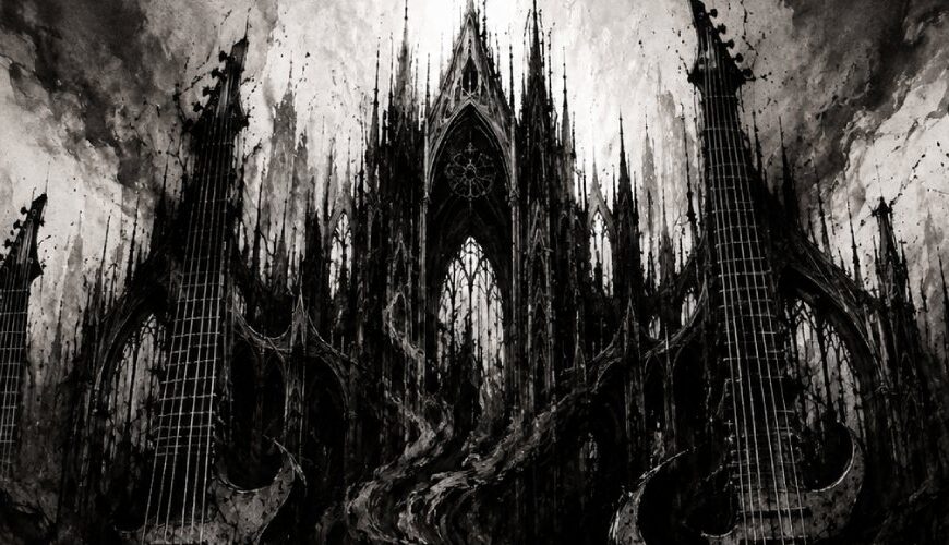 Schwarzweiße Black-Metal-Illustration mit zerstörtem Proberaum, Schlagzeug, Verstärkern und einer riesigen Kathedrale aus Gitarren, Rauch und Schatten.