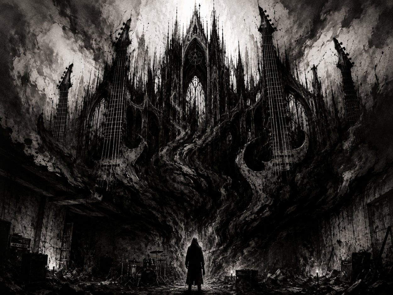 Schwarzweiße Black-Metal-Illustration mit zerstörtem Proberaum, Schlagzeug, Verstärkern und einer riesigen Kathedrale aus Gitarren, Rauch und Schatten.