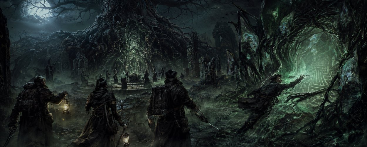 Ein dunkler Fantasy-Wald mit einem uralten verdorbenen Baum, schwarzen Wurzeln, vermummten Ordensfiguren und einem leuchtenden Wahnsinnslabyrinth im Nebel.