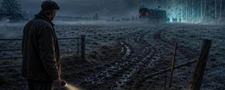 Nächtliche Dark-Fantasy-Szene auf einer frostigen Weide in Brandenburg: Ein Landwirt steht mit Taschenlampe an einem offenen Gatter und blickt auf Matschspuren, Hufabdrücke und eine plötzlich leere Koppel. Im Nebel verschwindet ein verdächtiger Viehtransporter vor einem bläulich leuchtenden Birkenwald.