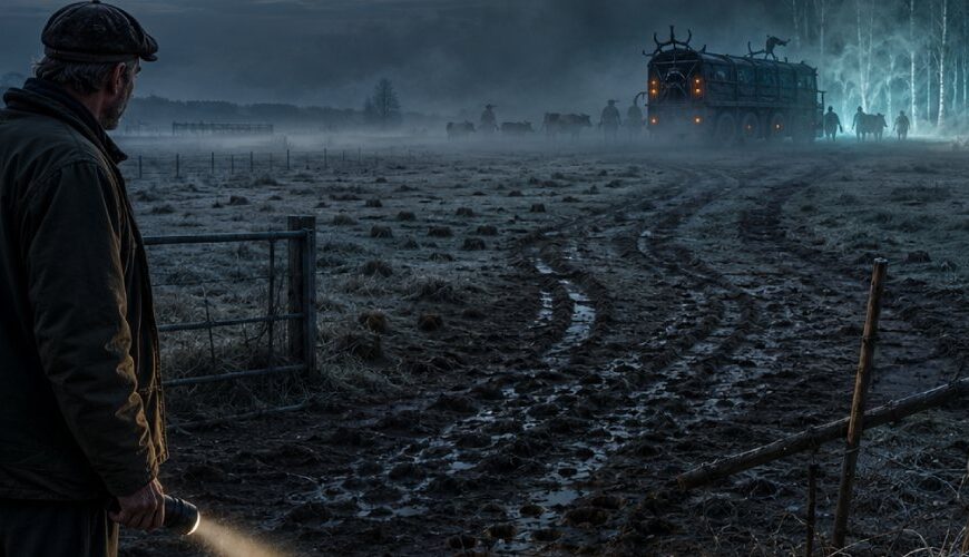 Nächtliche Dark-Fantasy-Szene auf einer frostigen Weide in Brandenburg: Ein Landwirt steht mit Taschenlampe an einem offenen Gatter und blickt auf Matschspuren, Hufabdrücke und eine plötzlich leere Koppel. Im Nebel verschwindet ein verdächtiger Viehtransporter vor einem bläulich leuchtenden Birkenwald.