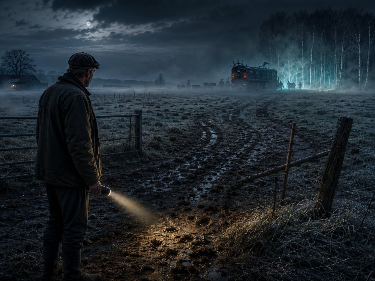 Nächtliche Dark-Fantasy-Szene auf einer frostigen Weide in Brandenburg: Ein Landwirt steht mit Taschenlampe an einem offenen Gatter und blickt auf Matschspuren, Hufabdrücke und eine plötzlich leere Koppel. Im Nebel verschwindet ein verdächtiger Viehtransporter vor einem bläulich leuchtenden Birkenwald.