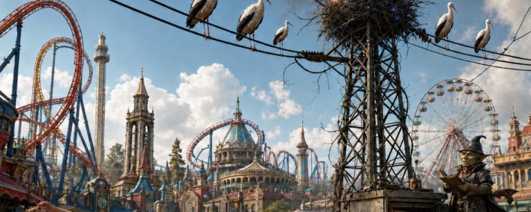 Satirische Fantasy-Szene im Europa-Park, in der Störche von einer Hochspannungsleitung aus stillstehende Fahrgeschäfte beobachten.