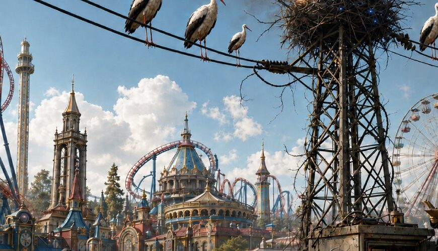 Satirische Fantasy-Szene im Europa-Park, in der Störche von einer Hochspannungsleitung aus stillstehende Fahrgeschäfte beobachten.