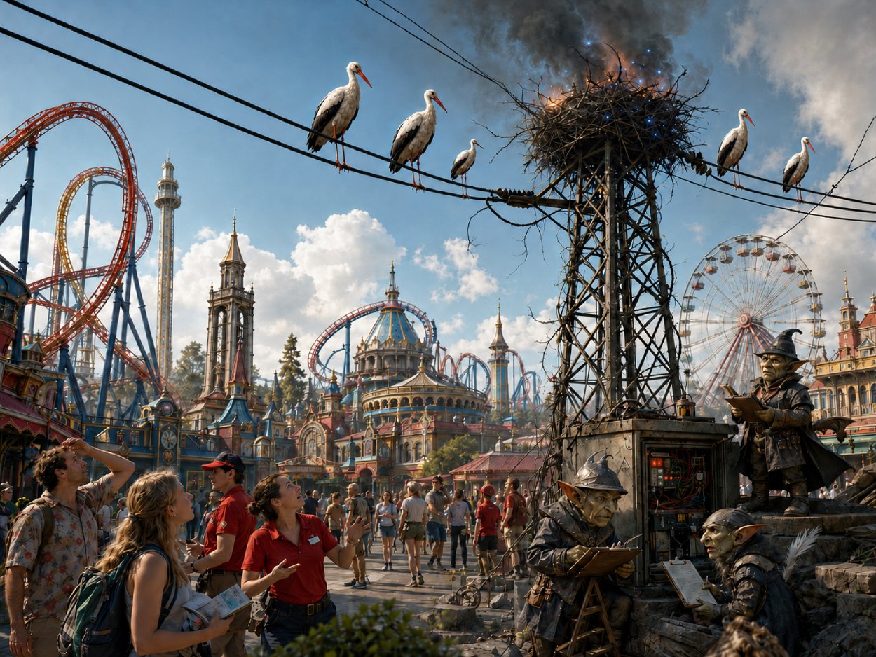 Satirische Fantasy-Szene im Europa-Park, in der Störche von einer Hochspannungsleitung aus stillstehende Fahrgeschäfte beobachten.