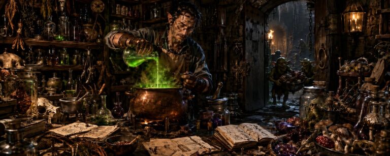 Ein chaotischer Fantasy-Alchemist braut in einer dunklen Werkstatt Tränke aus Monsterteilen, Pilzen und leuchtenden Zutaten.