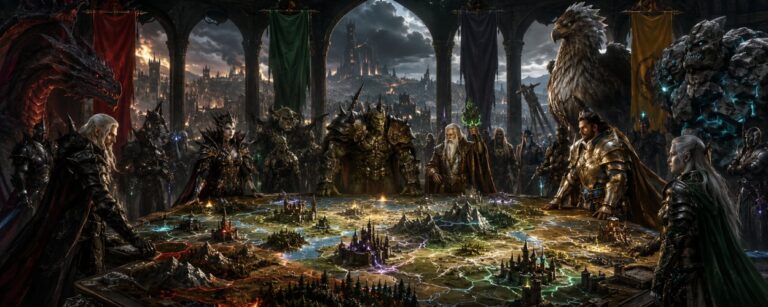 Fantasy-Generäle stehen über einer leuchtenden Hexfeld-Karte, während Monster, Banner und Armeen in einer düsteren Strategiehalle auf den nächsten Feldzug warten.