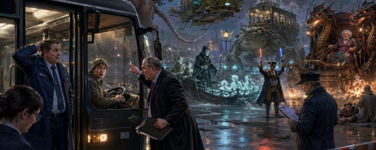 Satirische Dark-Fantasy-Szene bei Nacht: Vor einem Linienbus in einem nassen Busdepot wird ein junger Passagier am Steuer von strengen Kontrolleuren und einem empörten Vorgesetzten zur Rede gestellt, während im Hintergrund die Zwischenreiche völlig problemlos absurdere Verkehrsmittel betreiben — fliegende Greifenbusse, schwebende Karren, eine Geisterfähre, ein riesiger Amphibien-Omnibus und eine prunkvolle Drachenkutsche.