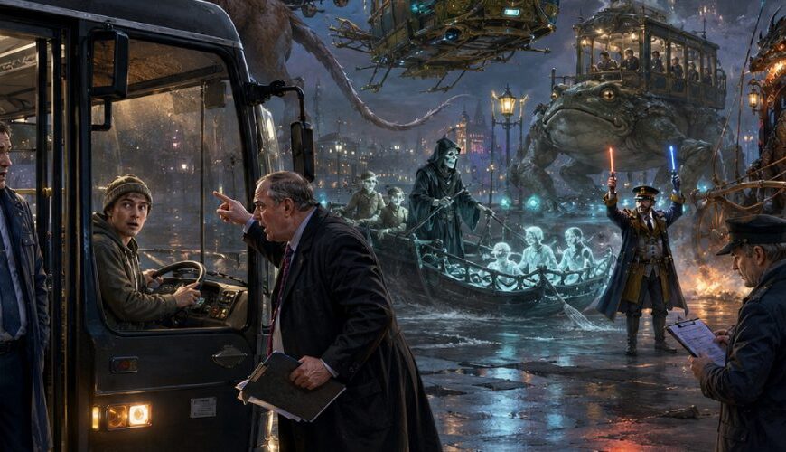 Satirische Dark-Fantasy-Szene bei Nacht: Vor einem Linienbus in einem nassen Busdepot wird ein junger Passagier am Steuer von strengen Kontrolleuren und einem empörten Vorgesetzten zur Rede gestellt, während im Hintergrund die Zwischenreiche völlig problemlos absurdere Verkehrsmittel betreiben — fliegende Greifenbusse, schwebende Karren, eine Geisterfähre, ein riesiger Amphibien-Omnibus und eine prunkvolle Drachenkutsche.