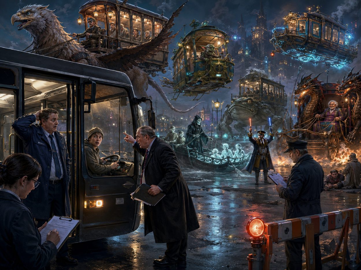 Satirische Dark-Fantasy-Szene bei Nacht: Vor einem Linienbus in einem nassen Busdepot wird ein junger Passagier am Steuer von strengen Kontrolleuren und einem empörten Vorgesetzten zur Rede gestellt, während im Hintergrund die Zwischenreiche völlig problemlos absurdere Verkehrsmittel betreiben — fliegende Greifenbusse, schwebende Karren, eine Geisterfähre, ein riesiger Amphibien-Omnibus und eine prunkvolle Drachenkutsche.