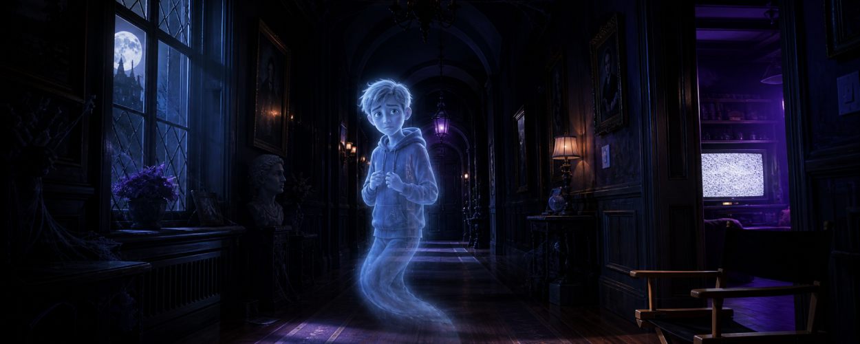 Ein freundlicher transparenter Geist schwebt in einem mondhellen gotischen Herrenhaus zwischen Nostalgie, Streaming-Licht und moderner Spukatmosphäre.