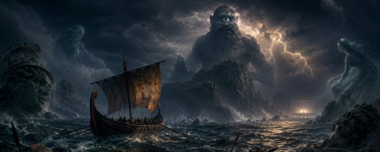 Ein einsames antikes Schiff treibt durch dunklen Nebel, während am Horizont eine gewaltige zyklopische Silhouette und ein schwach leuchtender Kinosaal erscheinen.
