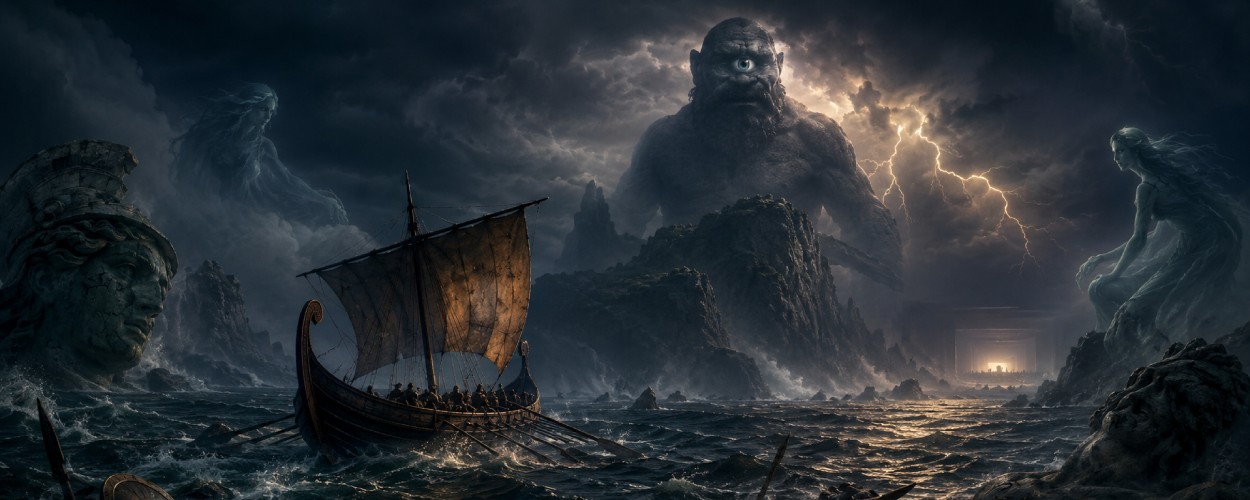 Ein einsames antikes Schiff treibt durch dunklen Nebel, während am Horizont eine gewaltige zyklopische Silhouette und ein schwach leuchtender Kinosaal erscheinen.