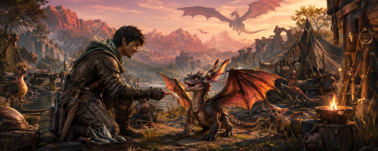 Ein Abenteurer kniet in einem Fantasy-Lager neben einem kleinen Baby-Wyvern, während im Hintergrund ein ausgewachsener Wyvern über roten Bergen kreist.