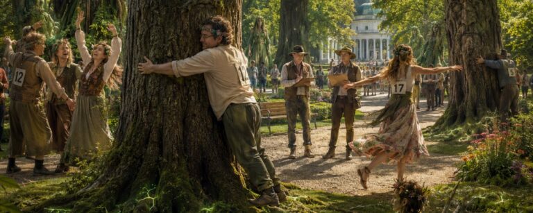 Satirische Fantasy-Szene in einem grünen Kurpark, in der Menschen bei einer Meisterschaft Bäume umarmen, während Druiden, Waldgeister und alte Baumwesen das Geschehen beobachten.