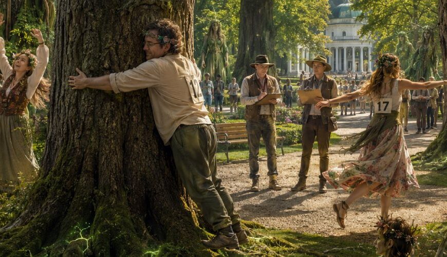 Satirische Fantasy-Szene in einem grünen Kurpark, in der Menschen bei einer Meisterschaft Bäume umarmen, während Druiden, Waldgeister und alte Baumwesen das Geschehen beobachten.