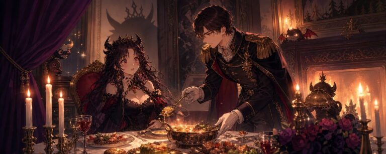 Eine ehemalige Dämonenkönigin sitzt überrascht an einem festlichen Tisch, während ein ernster Adliger ihr in einem Fantasy-Speisesaal ein warmes Abendessen serviert.