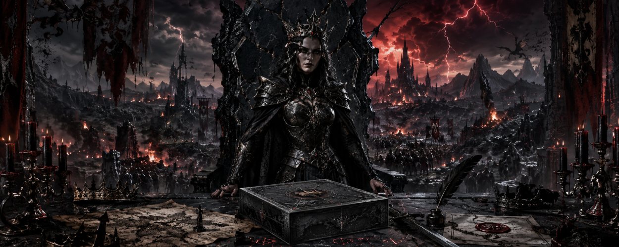 Eine düstere Fantasy-Königin steht vor einem zerfallenden Thron, während im Vordergrund eine physische Spielbox zwischen Schwertern, Runen und dunklem Rauch liegt.