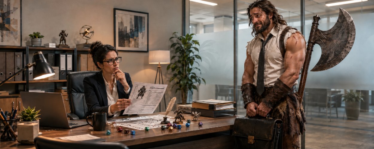 Ein verwirrter Personaler sitzt an einem Schreibtisch mit Würfeln und Charakterbogen, während ein nervöser Fantasy-Barbar im Büro-Outfit mit Aktentasche wartet.