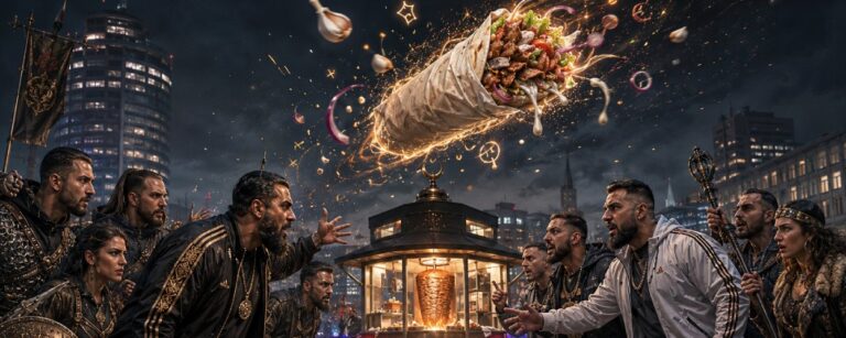 Satirische Fantasy-Szene auf einem nächtlichen Stadtplatz, in der ein Döner wie ein heiliger Fleischfladen durch die Luft fliegt, während zwei aufgebrachte Familiengruppen einander gegenüberstehen.