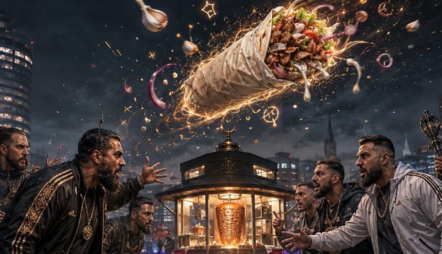 Satirische Fantasy-Szene auf einem nächtlichen Stadtplatz, in der ein Döner wie ein heiliger Fleischfladen durch die Luft fliegt, während zwei aufgebrachte Familiengruppen einander gegenüberstehen.