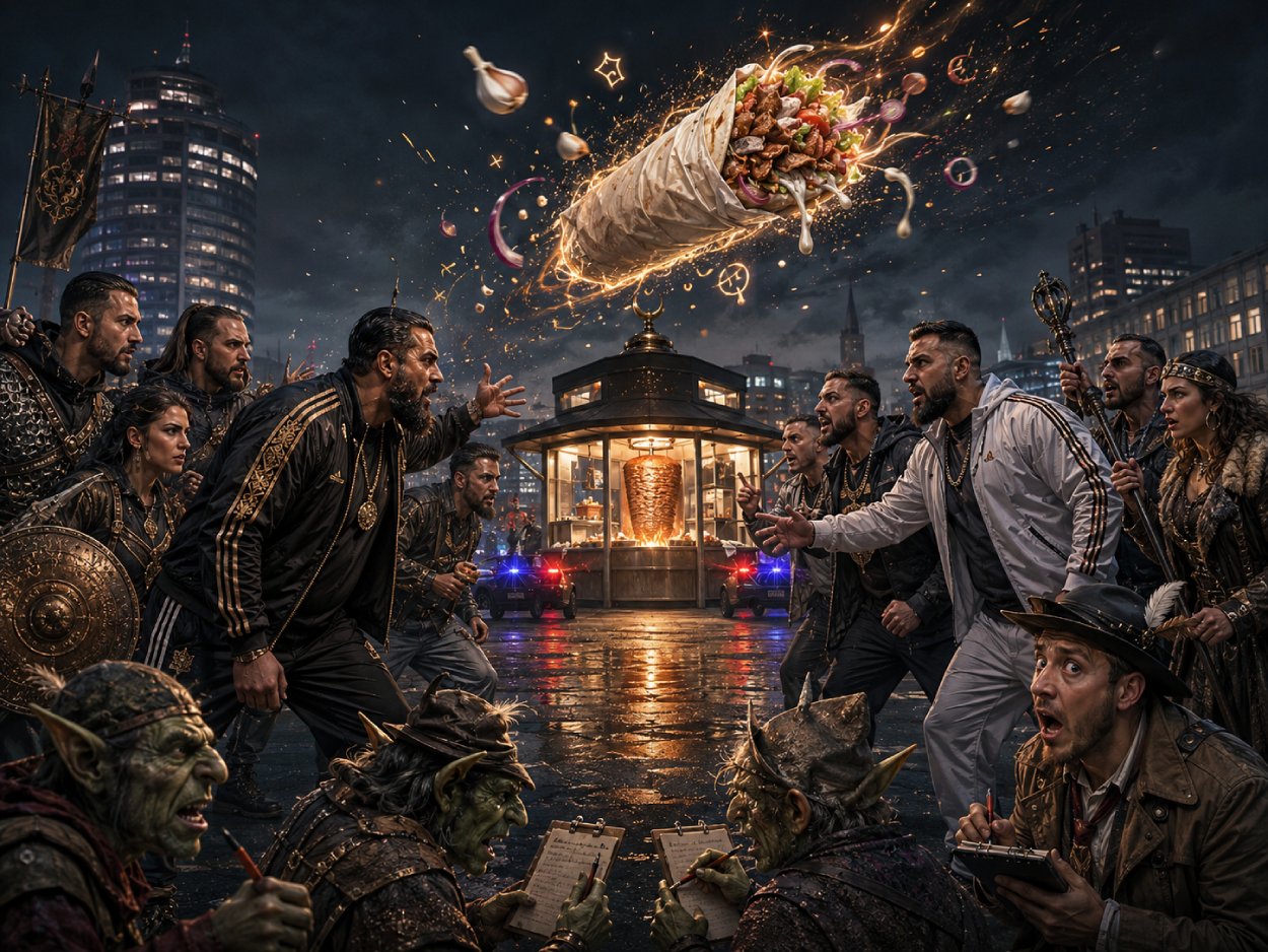 Satirische Fantasy-Szene auf einem nächtlichen Stadtplatz, in der ein Döner wie ein heiliger Fleischfladen durch die Luft fliegt, während zwei aufgebrachte Familiengruppen einander gegenüberstehen.