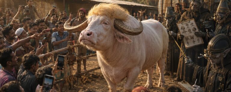 Satirische Fantasy-Szene mit einem hellen Albino-Büffel mit auffälliger goldener Mähne auf einem Bauernhof in Bangladesch, umgeben von Schaulustigen, Kameras und seltsamen Beamten aus den Zwischenreichen.