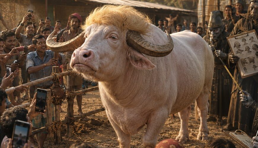Satirische Fantasy-Szene mit einem hellen Albino-Büffel mit auffälliger goldener Mähne auf einem Bauernhof in Bangladesch, umgeben von Schaulustigen, Kameras und seltsamen Beamten aus den Zwischenreichen.