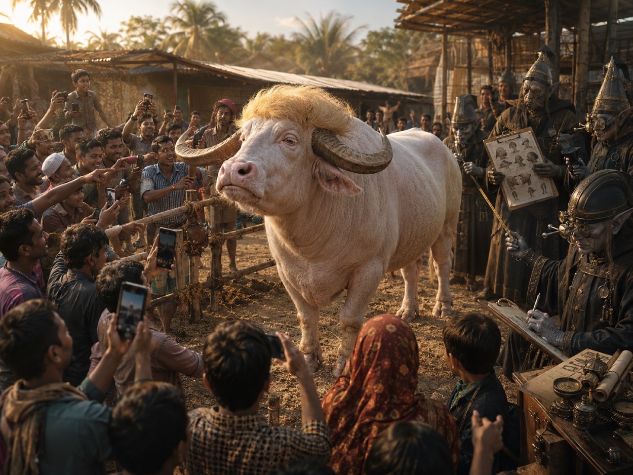 Satirische Fantasy-Szene mit einem hellen Albino-Büffel mit auffälliger goldener Mähne auf einem Bauernhof in Bangladesch, umgeben von Schaulustigen, Kameras und seltsamen Beamten aus den Zwischenreichen.