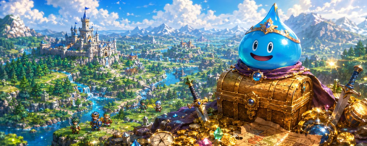 Ein glänzender blauer Schleim sitzt auf einer goldenen Schatztruhe, während im Hintergrund eine farbenfrohe HD-2D-Fantasywelt aus Burgen, Wäldern und Pixellicht leuchtet.