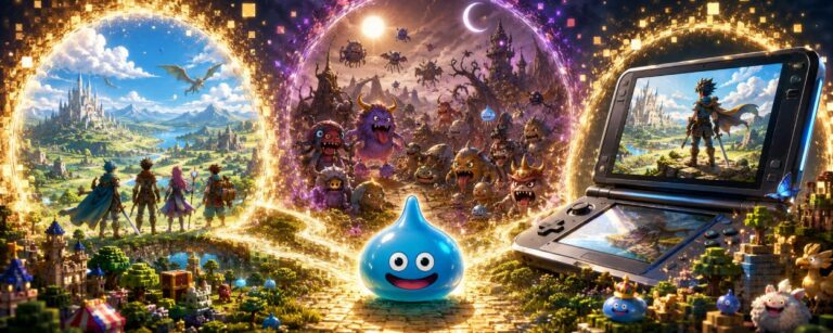 Ein leuchtender blauer Schleim steht vor drei magischen Portalen, die ein neues Dragon-Quest-Abenteuer, eine Monsterwelt und eine moderne Konsole zeigen.