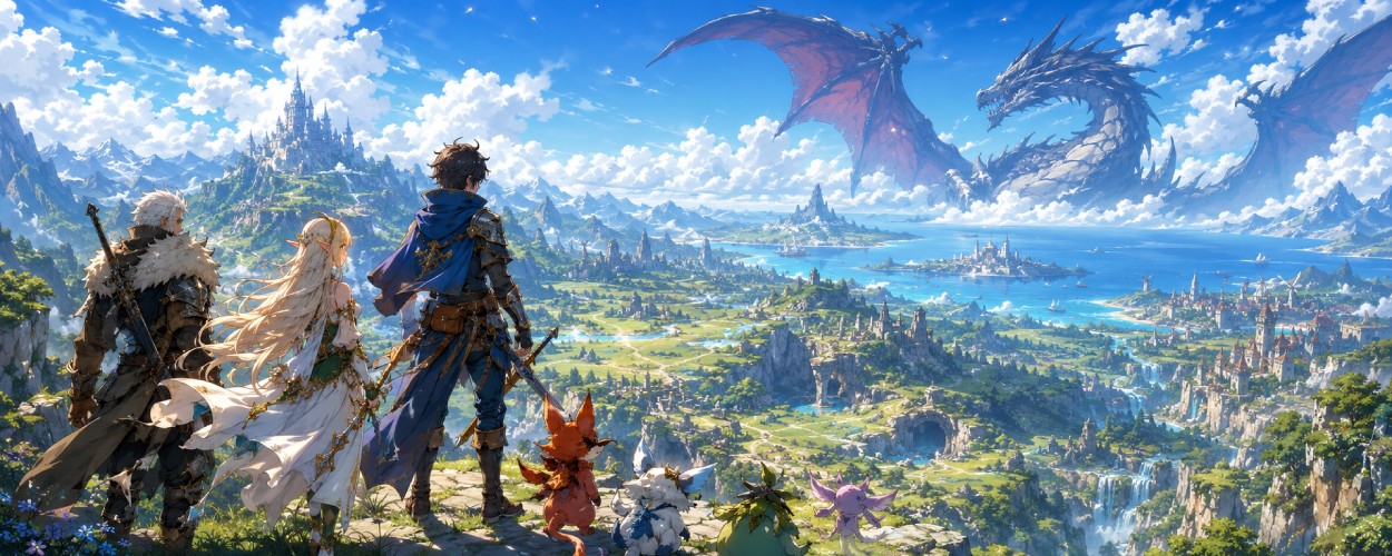 Ein junger Held blickt mit einer Elfe, einem Söldner und kleinen magischen Begleitern über eine weite Fantasywelt, während am Horizont ein gewaltiger Drache aufsteigt.