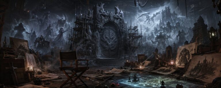 Ein unfertiges Fantasy-Dungeontor steht in einer dunklen Entwicklungswerkstatt, umgeben von Würfeln, Konzeptzeichnungen, Schwertern und verblassenden Heldenschatten.